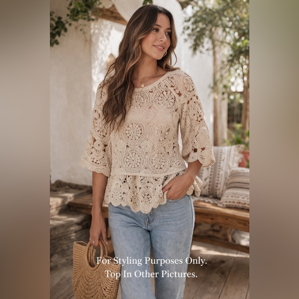 Solitaire Crochet‎ Lace Peplum Top Boho Cream Open Knit Blouse Small